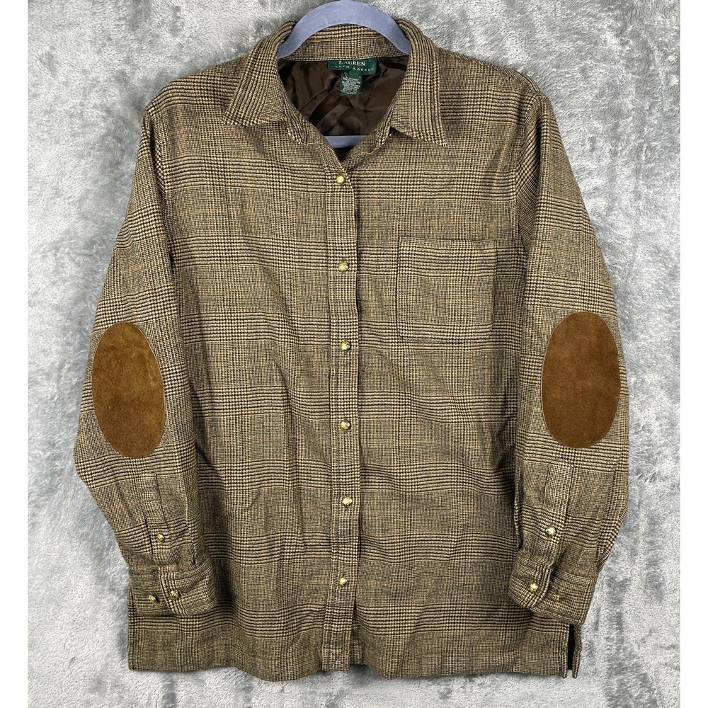 Lauren Ralph Lauren Brown Plaid Button-Front Jacket with Suede Elbow Patches